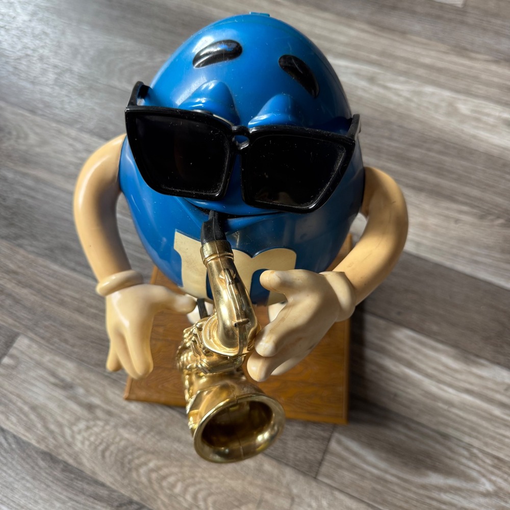 M&M's Candy Dispenser Blue Character Saxophone Player Blue Gold Jazz Theme